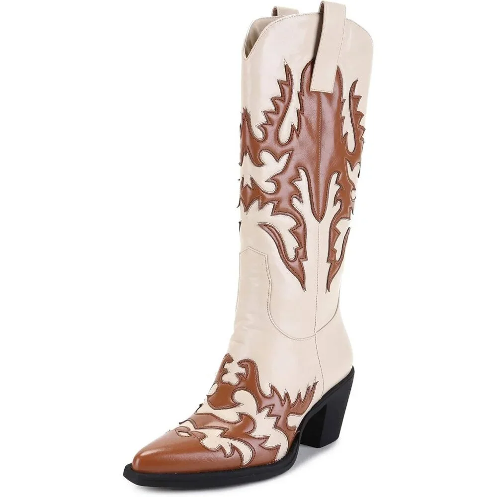 Women's Caramel/Ivory Claremont' Sexy Cowboy Boots Mid Calf Knee-high Patchwork